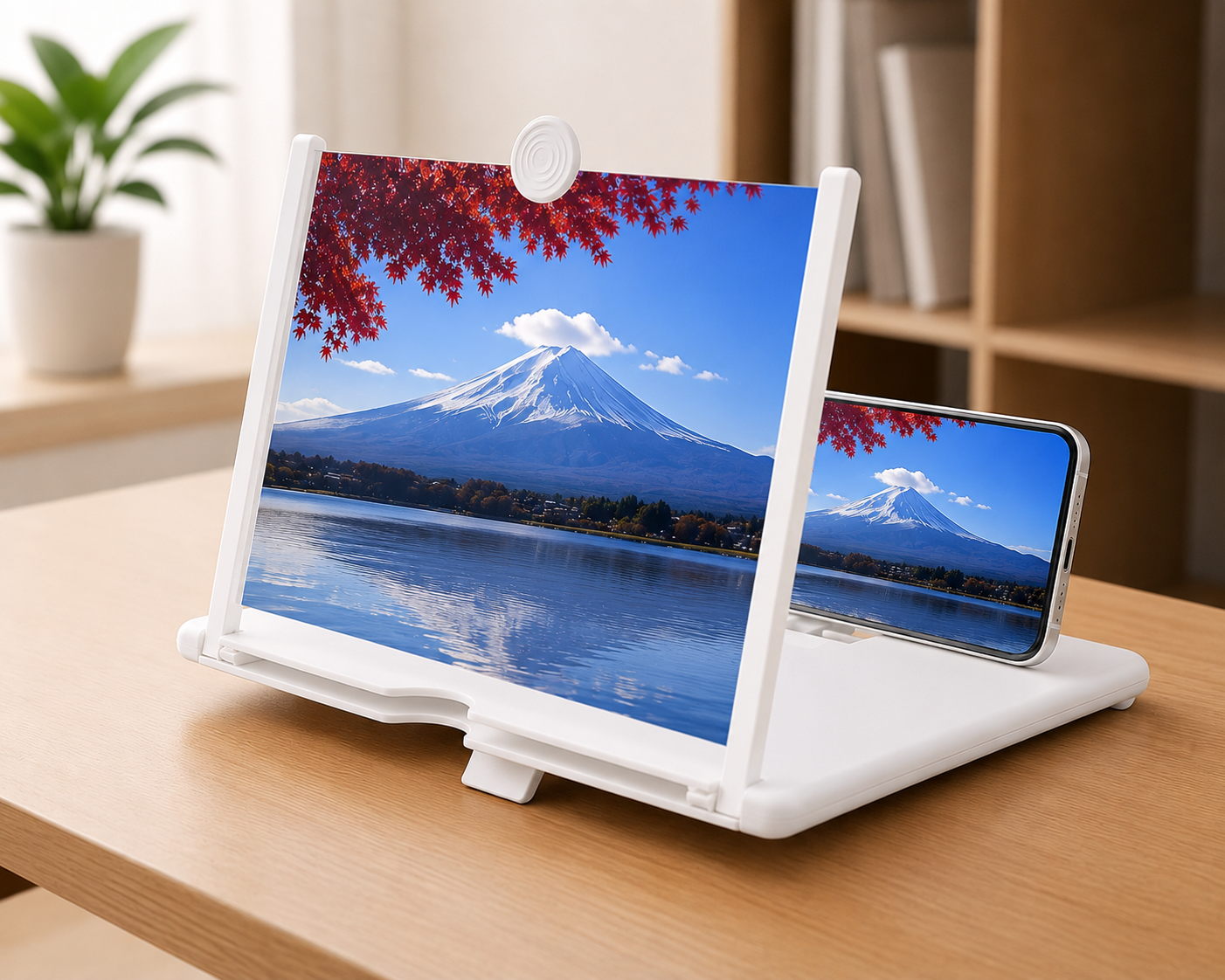 Luma Screen in white on a wooden desk